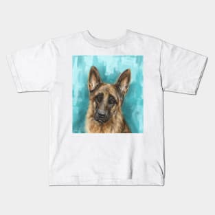 Painting of a German Shepherd on Bright Blue Background Kids T-Shirt